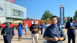 In this image from video, Gilbert Alaquinez of Arkansas speaks during the state roll call vote on second night of the Democratic National Convention on Aug. 18, 2020.