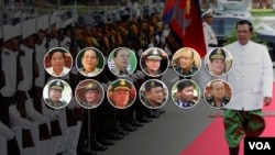 Background: Cambodia's Prime Minister Hun Sen walks past an honor guard upon his arrival to attend the first parliamentarian meeting to form a new government after the national elections in July at the National Assembly building in Phnom Penh, Cambodia, September 24, 2008. (REUTERS/Chor Sokunthea) Foreground: Top row, from left to right: Gen. Kun Kim, RCAF Deputy Supreme Commander; Gen. Mok Chito, Deputy Supreme Commissioner of National Police; Gen. Neth Savoeun, Supreme Commissioner of National Police; Gen. Pol Saroeun, RCAF Supreme Commander. Gen. Sao Sokha, Commander of National Gendarmerie; General Sok Phal, Supreme Director of the Supreme Directorate for Immigration. Bottom row, from left to right: Lt. Gen. Bun Seng, Deputy Army Commander, Commander of Military Region 5; Lt. Gen. Chap Pheakdey, Deputy Army Commander, Brigade 911 Commander; Lt. Gen. Choeun Sovantha, Deputy Army Commander, Commander of Military Region 2; Lt. Gen. Rat Sreang, National Gendarmerie Deputy Commander.