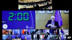 Mku wa sera za kigeni wa EU Josep Borrell akihutubia kikao cha wanachama kwa njia ya kimitandao