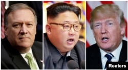 FILE - A combination photo shows CIA Director Mike Pompeo, left, in Washington, North Korean leader Kim Jong Un, center, in Pyongyang, North Korea, and U.S. President Donald Trump in Palm Beach, Florida.