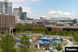 FILE - A cluster of tents are set up at an encampment in support of Palestinians in Gaza, amid the ongoing conflict between Israel and the Palestinian Islamist group Hamas, at the Auraria Campus in Denver, Colorado, U.S., May 10, 2024. (REUTERS/Kevin Mohatt)
