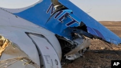 FILE - The tail of a Metrojet plane that crashed in Hassana, Egypt on Saturday, Oct. 31, 2015. 