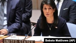 លោក​ស្រី Nikki Haley ឯក​អគ្គរដ្ឋទូត​អាមេរិក​ប្រចាំ​អង្គការ​សហប្រជាជាតិ ថ្លែង​ក្នុង​កិច្ច​ប្រជុំ​ក្រុម​ប្រឹក្សា​សន្តិសុខ​អំពី​ប្រទេស​កូរ៉េ​ខាង​ជើង កាល​ពី​ថ្ងៃទី​ចន្ទ​ ទី៤ ខែ​កញ្ញា នៅ​ស្នាក់ការ​កណ្តាល​របស់​អ.ស.ប.។