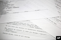 A translated copy of an application to join Osama bin Laden's terrorist network is photographed in Washington, May 20, 2015.