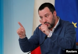 FILE - Italy's Interior Minister Matteo Salvini gestures as he attends a news conference in Rome, Italy, Jan. 14, 2019.