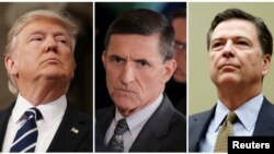 De izquierda a derecha, el presidente Trump, Michael Flynn y James Comey.