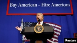 FILE - U.S. President Donald Trump speaks during a visit to the world headquarters of Snap-On Inc, a tool manufacturer in Kenosha, Wisconsin, April 18, 2017.