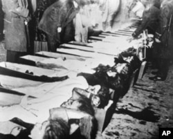 Bodies of the victims of the Triangle fire are lined up for identification at a New York morgue.