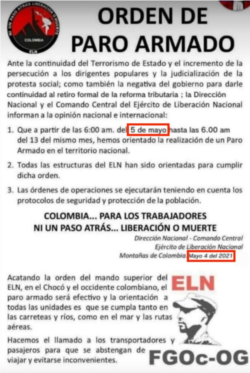 Orden del ELN que circuló online en el 2021