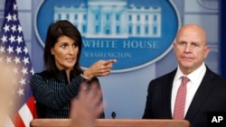 U.S. Ambassador to the United Nations Nikki Haley and national security adviser H.R. McMaster speak to reporters at the White House, in Washington, Sept. 15, 2017.