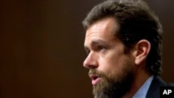 Twitter CEO Jack Dorsey testifies before the Senate Intelligence Committee hearing on 'Foreign Influence Operations and Their Use of Social Media Platforms' on Capitol Hill, Sept. 5, 2018, in Washington. 