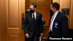 U.S. Secretary of State Antony Blinken departs after briefing Senators in Washington.