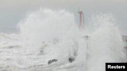Waves splash as Typhoon Krathon approaches in Kaohsiung
