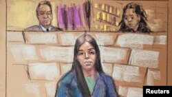 Emma Coronel Aispuro, la esposa del jefe del cartel de la droga mexicano Joaquín "El Chapo" Guzmán, comparece ante el juez magistrado de Estados Unidos Robin Meriweather. Washington, DC, el 23 de febrero de 2021 boceto de la sala de audiencias.