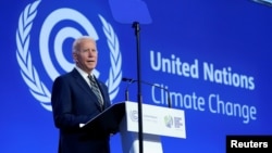 ប្រធានាធិបតី​សហរដ្ឋ​អាមេរិក​លោក Joe Biden ថ្លែង​នៅ​ក្នុង​សន្និសីទ​អង្គការ​សហ​ប្រជាជាតិ​ស្តីពី​ការ​ប្រែប្រួល​អាកាសធាតុ ​ឬ​ COP26) នៅ​ទីក្រុង Glasgow កាលពី​ថ្ងៃទី១ ខែវិច្ឆិកា ឆ្នាំ២០២១។