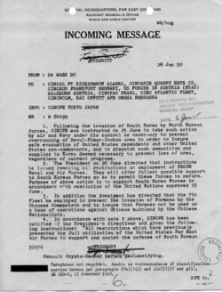 1950年6月30日，美军参谋长联席会议关于第七舰队派驻台湾海峡使命的文件