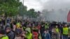 Protesters turn out for the 24th consecutive national weekly protest by the yellow vest movement in Strasbourg, France, April 27, 2019, in this still image taken from a video obtained from social media.