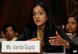 Vanita Gupta, incoming President and CEO Leadership Conference for Civil and Human Rights, testifies on Capitol Hill in Washington, May 2, 2017, before a Senate Judiciary Committee hearing on responses to the increase in religious hate crimes.