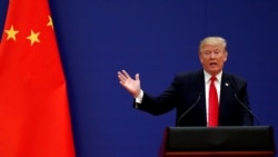 美國總統特朗普在北京人大會堂舉行的商界領袖會議上致詞。 （2017年11月9日）