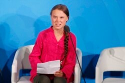 FILE - Environmental activist Greta Thunberg of Sweden addresses the Climate Action Summit at the U.N. General Assembly, at U.N. headquarters in New York, Sept. 23, 2019.