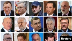 Wafanyabiashara mashuhuri nchini Rashia na maafisa wa nchi hiyo waliowekewa vikwazo na Serikali ya Marekani kama walivyo orodheshwa na Wizara ya Fedha ya Marekani, Washington Aprili 6, 2018. (Juu kushoto, kutoka kushoto) Oleg Deripaska, Vladimir Bogdanov, Suleiman Kerimov, Kirill Shamalov, Viktor Vekselberg, (Kati Kutoka kushoto) Mikhail Fradkov, Sergei Fursenko, Alexei Dyumin, Vladimir Kolokoltsev, Konstantin Kosachev, (Chini, Kutoka Kushoto) Andrei Kostin, Alexei Miller, Nikolai Patrushev, Vladimir Ustinov, Viktor Zolotov.