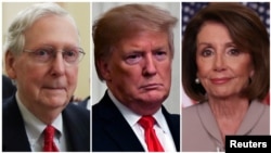 Kutoka kushoto, Kiongozi wa Baraza la Seneti Mitch McConnell, Rais Donald Trump, na Spika Nancy Pelosi.