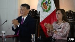 Chủ tịch Trung Quốc Tập Cận Bình (trái) và Tổng thống Peru Dina Boluarte tại một buổi lễ tại dinh chính phủ ở Lima, 14/11/2024 (ERNESTO BENAVIDES / AFP).