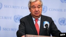 Sekretaris Jenderal PBB Antonio Guterres berbicara kepada pers di markas besar PBB di New York hari Jumat 5 April 2024, menjelang enam bulan Konflik Gaza, sejak serangan Hamas terhadap Israel pada tanggal 7 Oktober 2023 lalu.