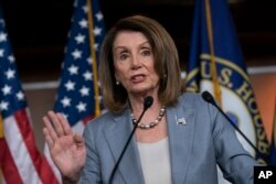 FILE - Speaker of the House Nancy Pelosi, D-Calif., meets with reporters at a news conference on Capitol Hill in Washington, May 9, 2019.