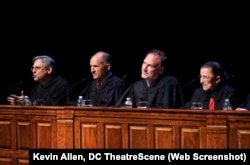 In 2010, Judge Merrick B. Garland (far left) sits on a mock trial at the Shakespeare Theatre Company in Washington, D.C. with Judge David S. Tatel, Justice Samuel Alito and Justice Ruth Bader Ginsburg. (Photo: Kevin Allen)