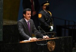 FILE - Sheikh Tamim bin Hamad al-Thani, emir of Qatar, addresses the 76th Session of the UN General Assembly at United Nations headquarters in New York, on Sept. 21, 2021.