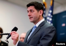U.S. House Speaker Paul Ryan (R-WI) speaks to reporters ahead of an expected vote in the Republican-led U.S. House of Representatives on a short-term budget measure that would avert a rerun of last month's three-day partial government shutdown, on Capitol Hill.