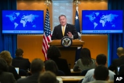 Secretary of State Mike Pompeo briefs reporters at the State Department in Washington, Oct. 3, 2018.