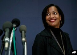 Rep.-elect Jahana Hayes, D-Conn., walks from media microphones after member-elect briefings on Capitol Hill in Washington, Nov. 15, 2018.