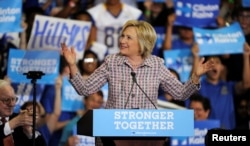 U.S. Democratic presidential candidate Hillary Clinton speaks during a campaign rally at the Omaha North High Magnet School in Omaha, Nebraska, Aug. 1, 2016.