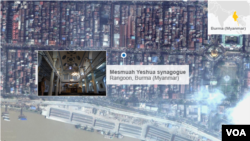 Satellite map showing location of Mesmuah Yeshua synagogue in Rangoon, Burma (also known as Myanmar)