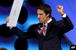 Tony Estanguet, French Olympian and co-president of the Paris Olympic bid committee, reacts at the end of an International Olympic Committee (IOC) session in Lima, Peru, Sept. 13, 2017.