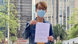 陳皓桓對警方質疑民陣違反《社團條例》感到詫異，表明不會逐一回應警方的提問。(美國之音湯惠芸拍攝)