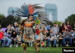 A dancer performs at an Indigenous Peoples' Day Festival in New York, Oct. 2017.