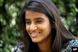 University of California student Anjali Banerjee answers questions during an interview on the university's campus, June 6, 2018, in, Berkeley, Calif.