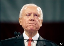 FILE - Sen. Orrin Hatch, R-Utah, speaks during the Utah Republican Party 2016 convention, in Salt Lake City, April 23, 2016.