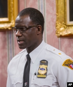 FILE - Cleveland Police Chief Calvin Williams answers questions during a news conference in Cleveland, Dec. 28, 2015.