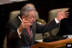 FILE - Former Cuban President Raul Castro delivers a speech after Miguel Diaz-Canel was elected the island nation's new president, at the National Assembly in Havana, Cuba, April 19, 2018.