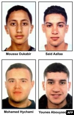 A combo of handout images released by the Catalan regional police "Mossos D'Esquadra" on August 18, 2017 shows four suspects of the Barcelona and Cambrils attacks, (from top L) Moussa Oukabir, Said Aalla, Mohamed Hychami and Younes Abouyaaqoub.