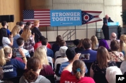 Vermont Sen. Bernie Sanders, campaigning on Democrat Hillary Clinton's behalf, speaks to an audience at the University of Akron in Akron, Ohio, Sept. 17, 2016.
