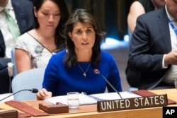 FILE - American Ambassador to the United Nations Nikki Haley speaks during a Security Council meeting on the situation in Myanmar, Aug. 28, 2018, at United Nations headquarters.
