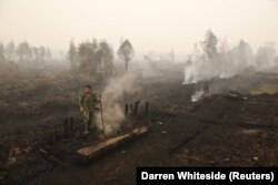 Seorang tentara memeriksa kebakaran lahan gambut di dekat Palangkaraya, Kalimantan Tengah, 28 Oktober 2015. (Foto: REUTERS/Darren Whiteside)