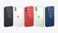 This image provided by Apple shows a display of the new iPhones equipped with technology for use with faster new 5G wireless networks that Apple unveiled Tuesday, Oct. 13, 2020. (Apple via AP)