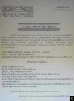 Le communiqué de la gendarmerie à Ouagadougou, le 22 mai 2018.