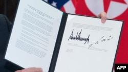 Le texte entre les Etats-Unis et la Corée du Nord signé à Singapore, le 12 juin 2018.